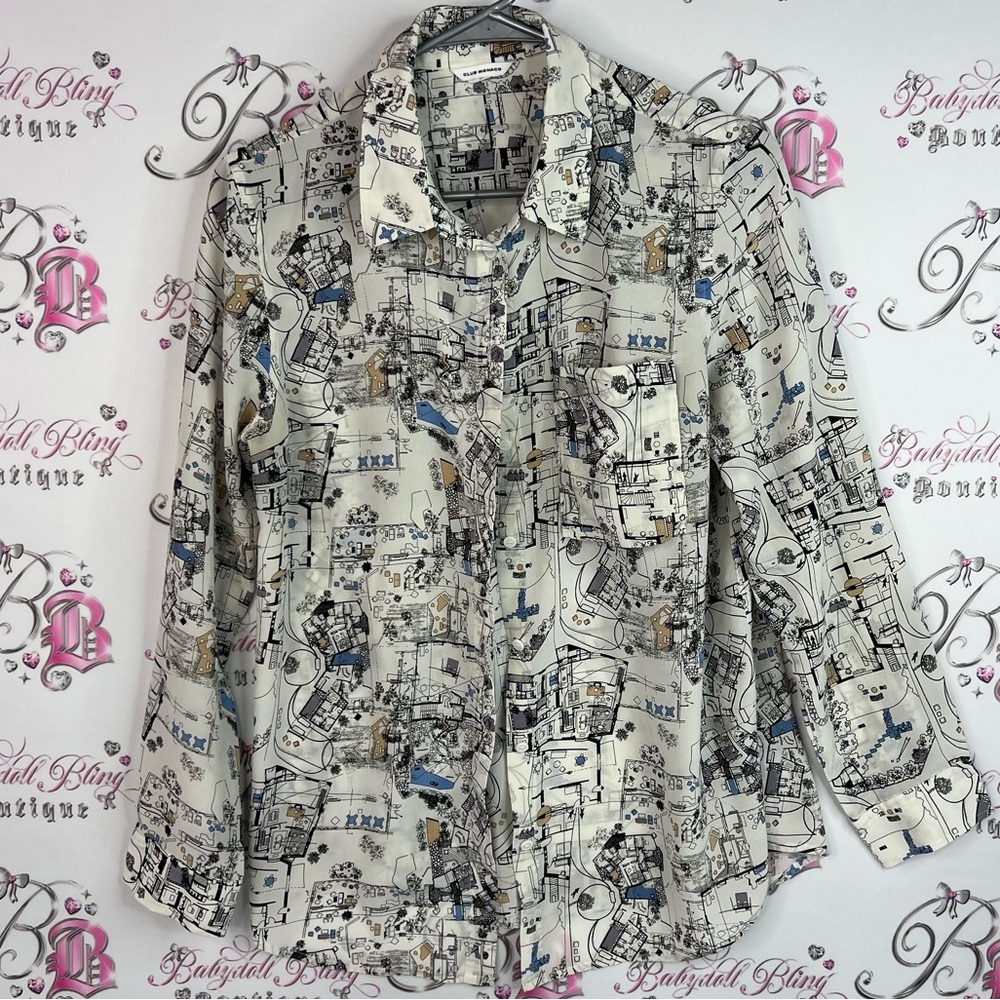 Club Monaco long sleeve button up architect blue print Monochrome Graphic Shirt
